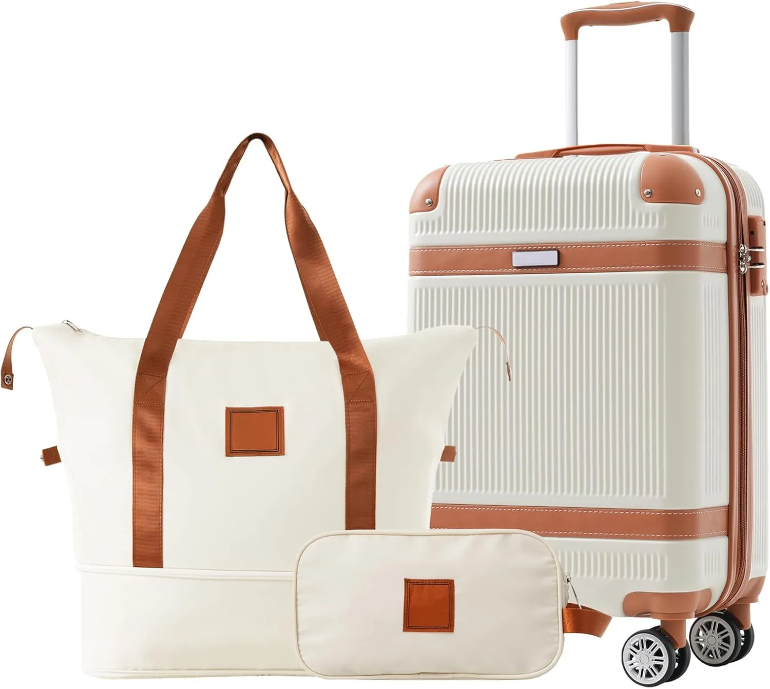 FUNNy elf Hardshell 3 Piece Luggage Set TSA Lock Spinner Wheels, 1 Toiletry bag 1 Expandable weekender travel bag 1 20in Carry-on Suitcase For Men Women White
