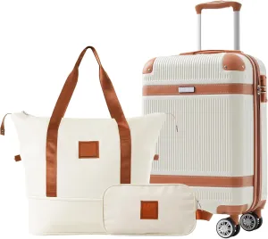 FUNNy elf Hardshell 3 Piece Luggage Set TSA Lock Spinner Wheels, 1 Toiletry bag 1 Expandable weekender travel bag 1 20in Carry-on Suitcase For Men Women White
