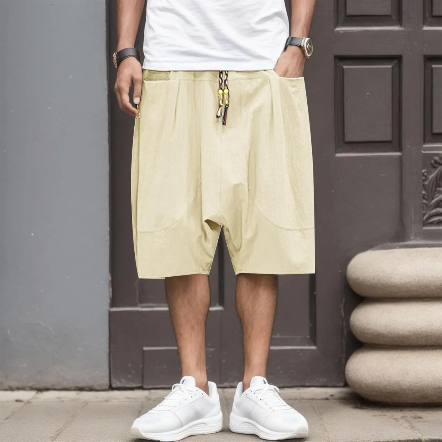 Fxbar Mens Summer Fashion Casual Cropped Pants Loose Low Crotch Harem Pants Short Us