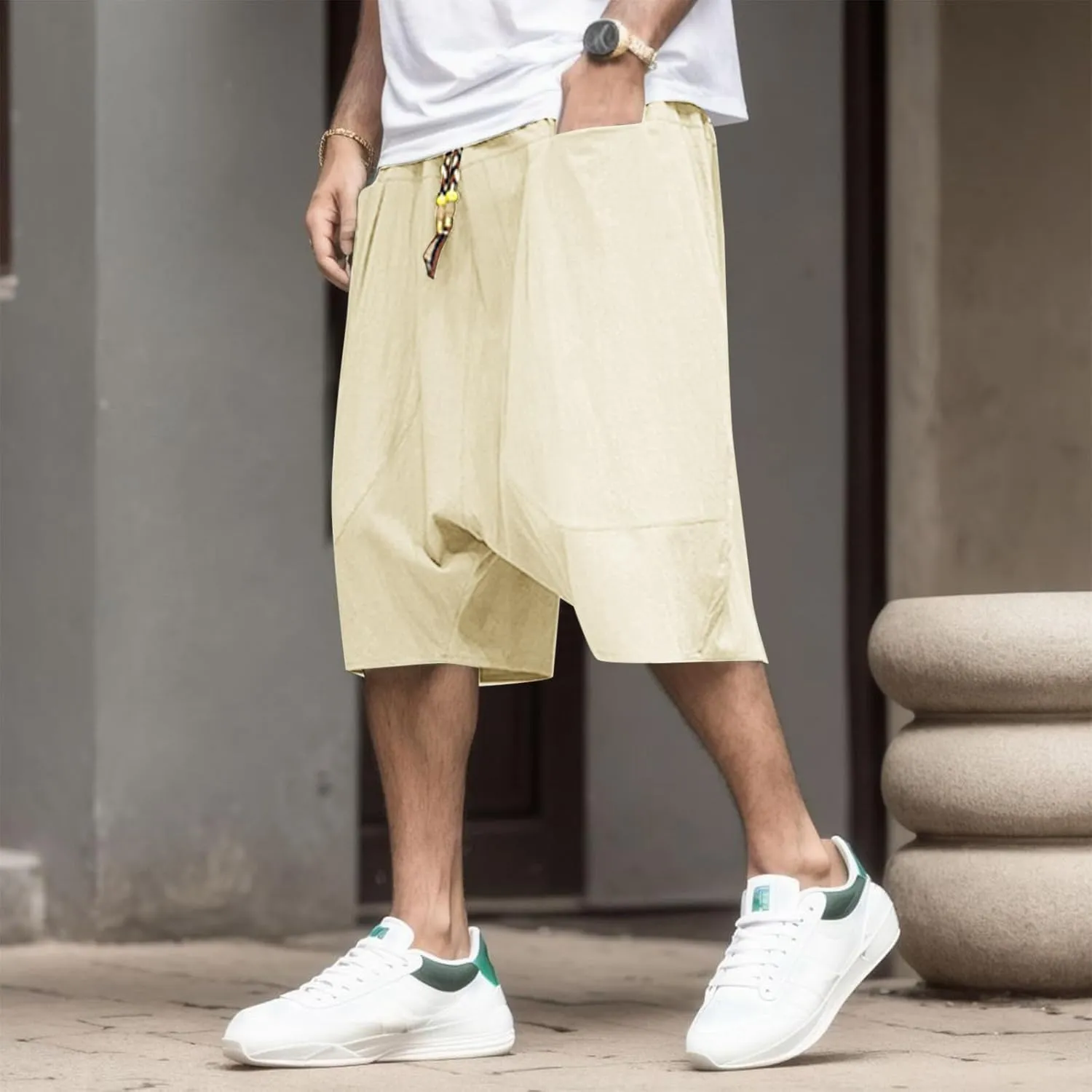 Fxbar Mens Summer Fashion Casual Cropped Pants Loose Low Crotch Harem Pants Short Us