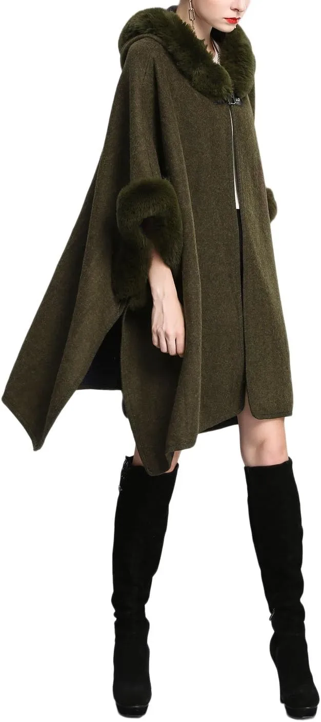 Gihuo Women's Luxury Batwing Sleeve Faux Fur Hooded Cloak Poncho Sweater Cape