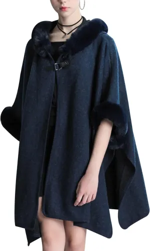 Gihuo Women's Luxury Batwing Sleeve Faux Fur Hooded Cloak Poncho Sweater Cape