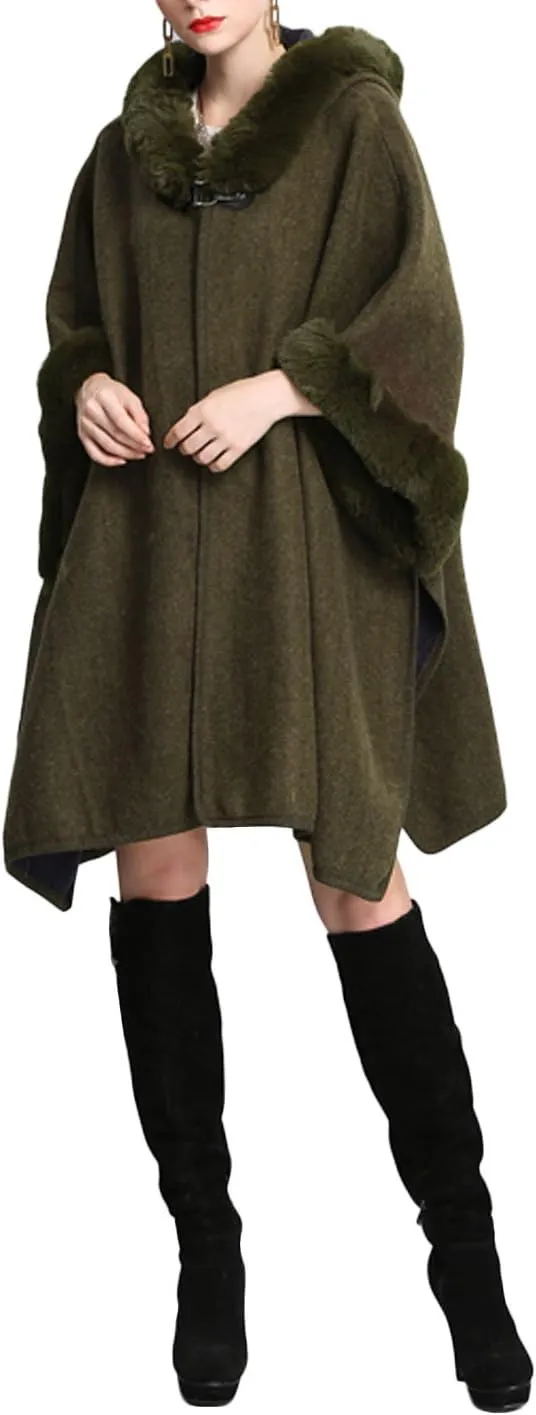 Gihuo Women's Luxury Batwing Sleeve Faux Fur Hooded Cloak Poncho Sweater Cape