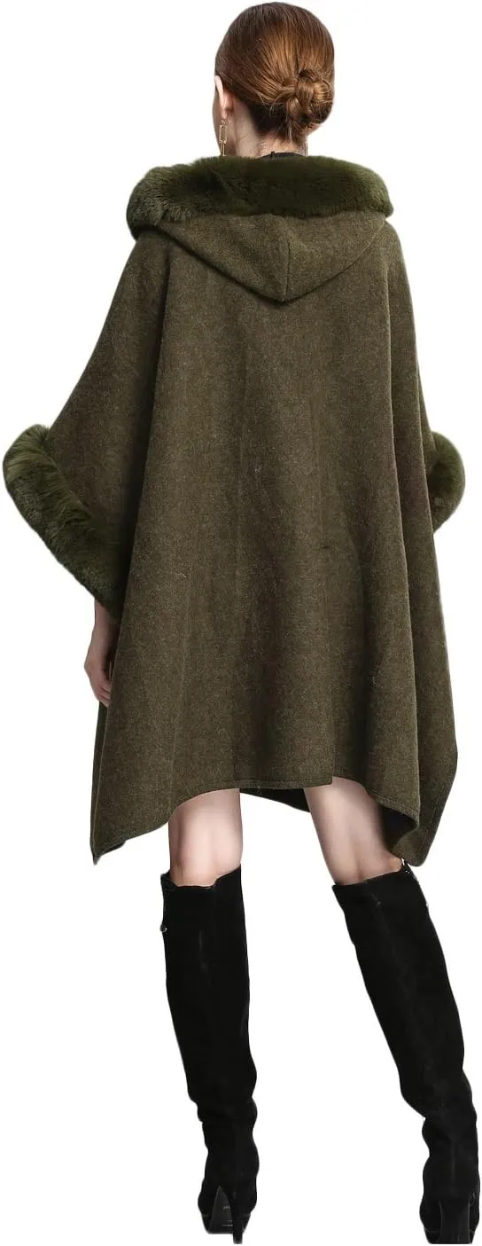 Gihuo Women's Luxury Batwing Sleeve Faux Fur Hooded Cloak Poncho Sweater Cape