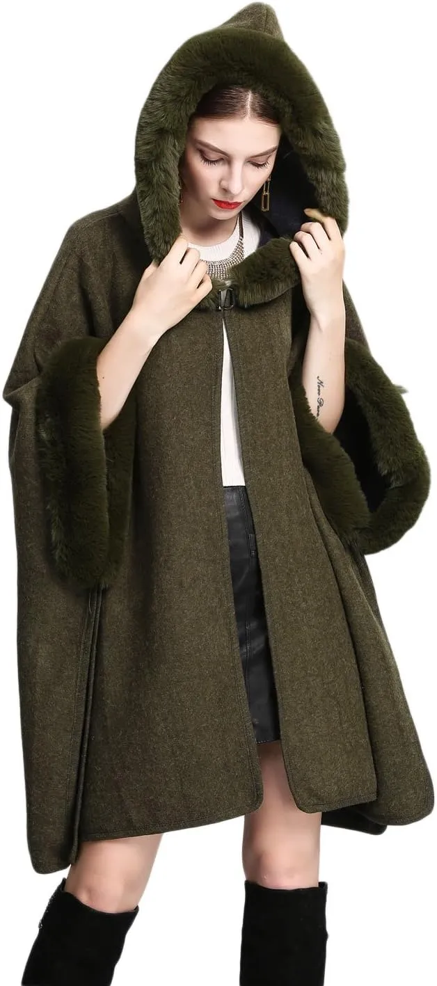 Gihuo Women's Luxury Batwing Sleeve Faux Fur Hooded Cloak Poncho Sweater Cape