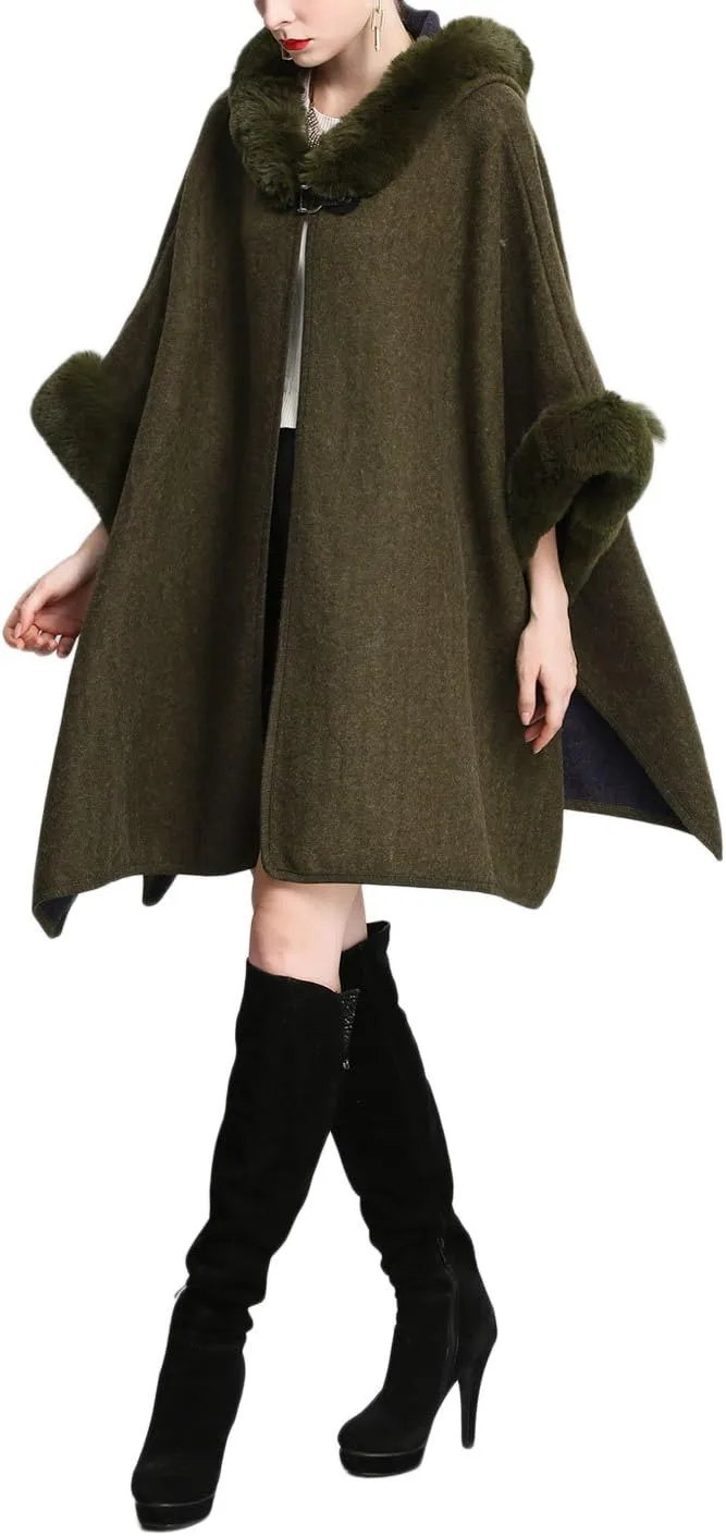 Gihuo Women's Luxury Batwing Sleeve Faux Fur Hooded Cloak Poncho Sweater Cape