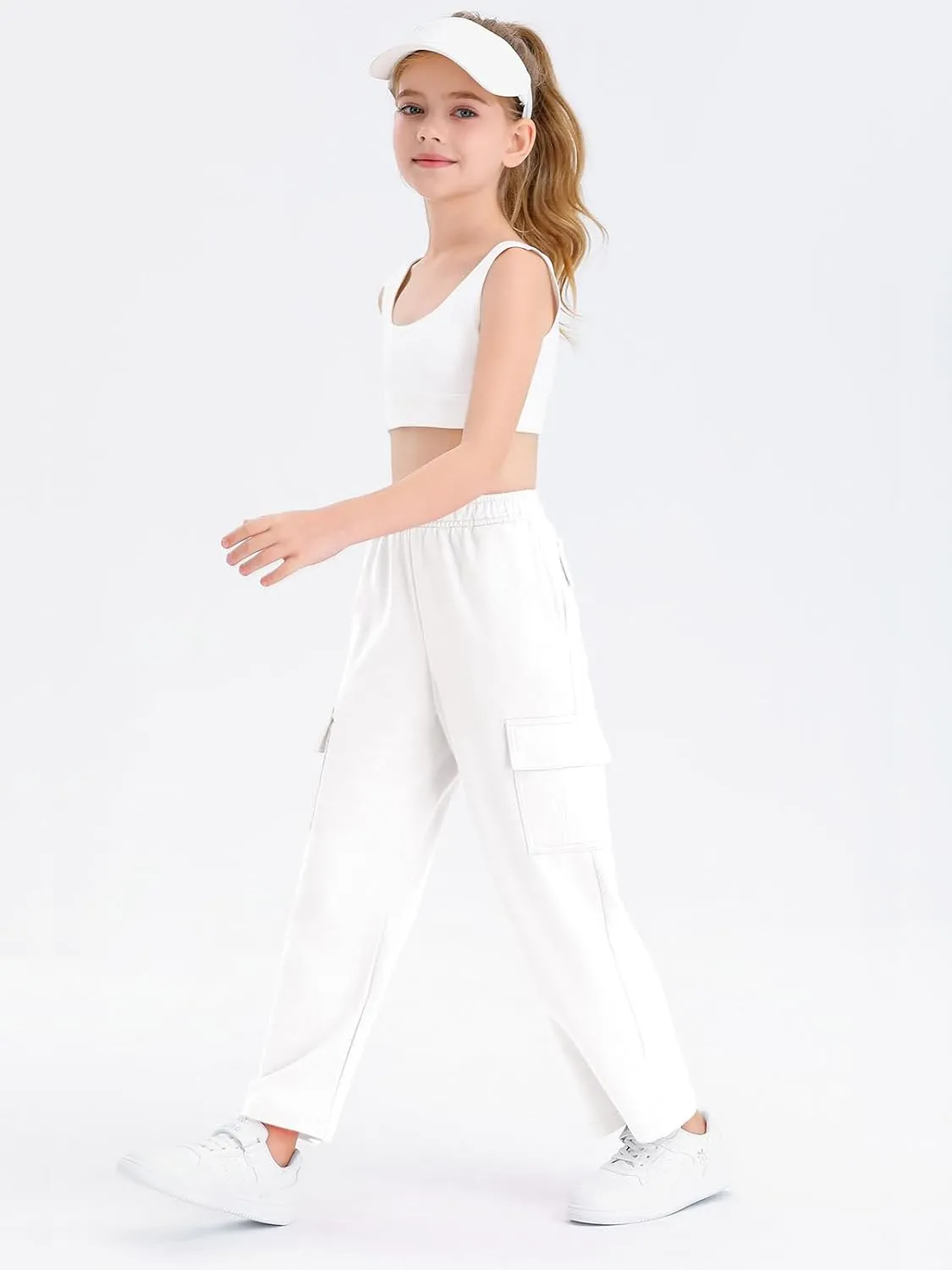 Girls Kids Cargo Sweatpants Wide Straight Leg Jogger Pants 5-14 Years