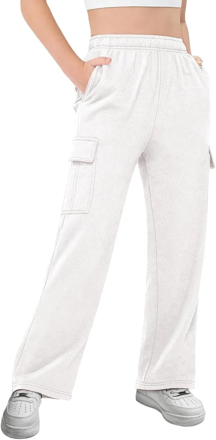 Girls Kids Cargo Sweatpants Wide Straight Leg Jogger Pants 5-14 Years