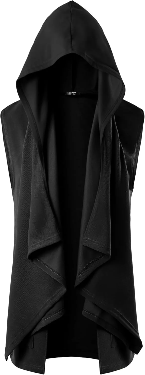 GIVON Mens Sleeveless Ruffle Shawl Collar Cardigan Lightweight Long Hooded Vest Sweater
