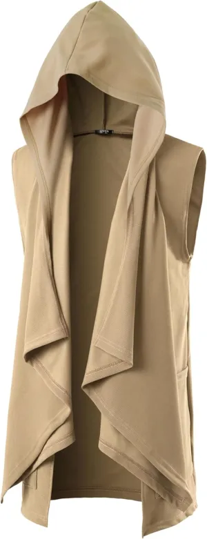 GIVON Mens Sleeveless Ruffle Shawl Collar Cardigan Lightweight Long Hooded Vest Sweater