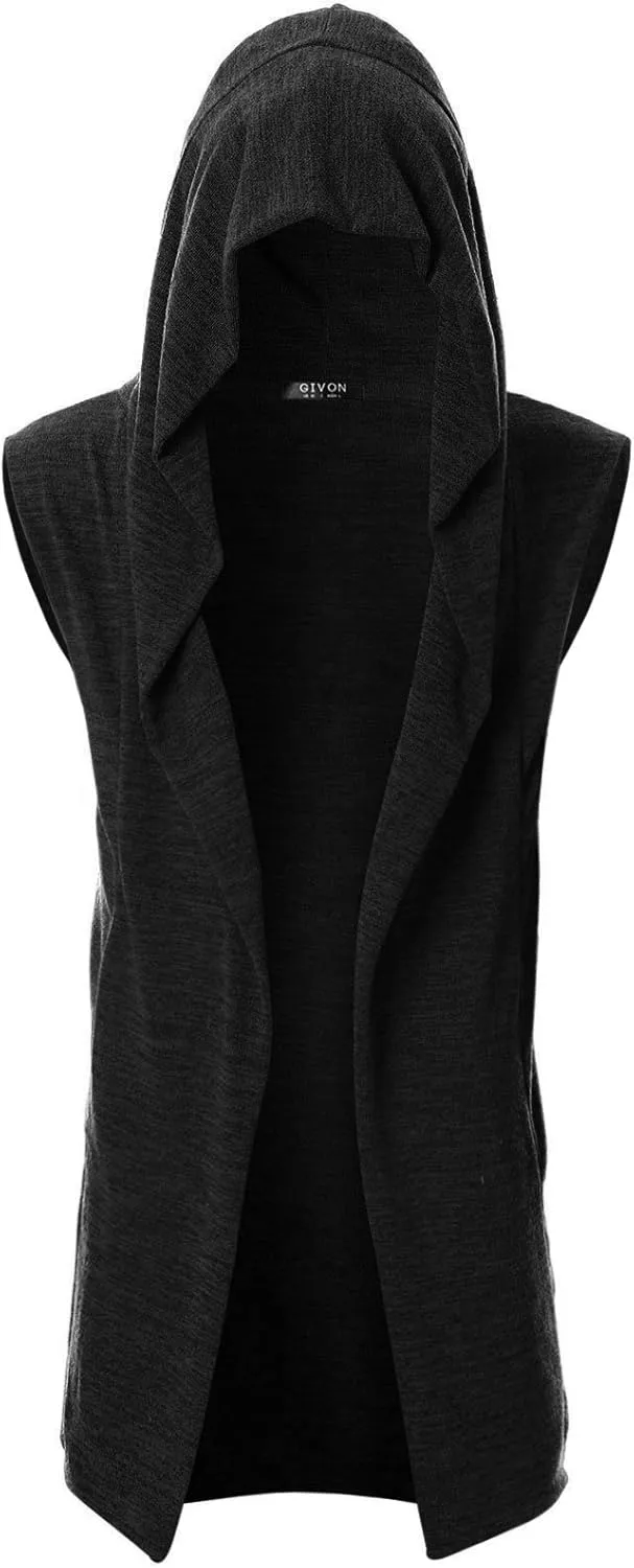 GIVON Mens Sleeveless Ruffle Shawl Collar Cardigan Lightweight Long Hooded Vest Sweater