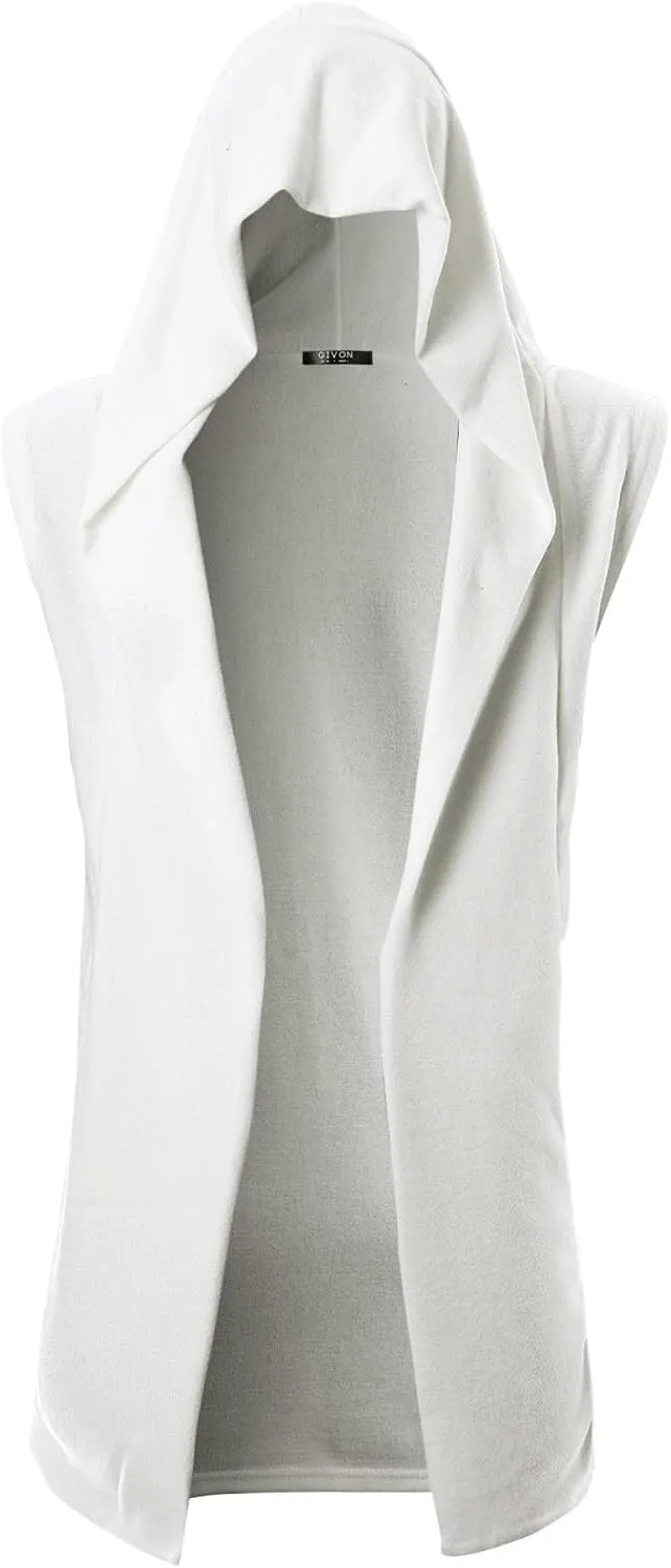 GIVON Mens Sleeveless Ruffle Shawl Collar Cardigan Lightweight Long Hooded Vest Sweater