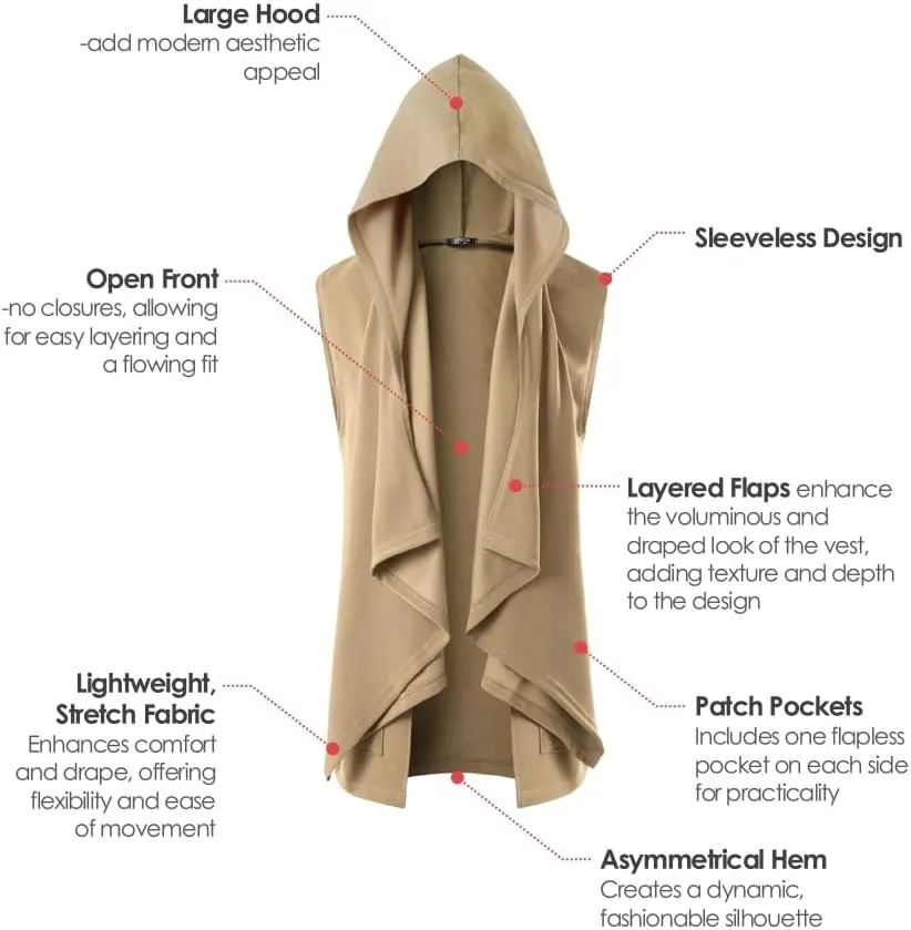 GIVON Mens Sleeveless Ruffle Shawl Collar Cardigan Lightweight Long Hooded Vest Sweater