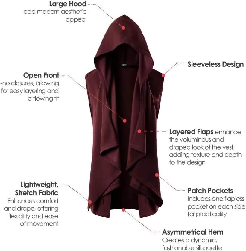GIVON Mens Sleeveless Ruffle Shawl Collar Cardigan Lightweight Long Hooded Vest Sweater