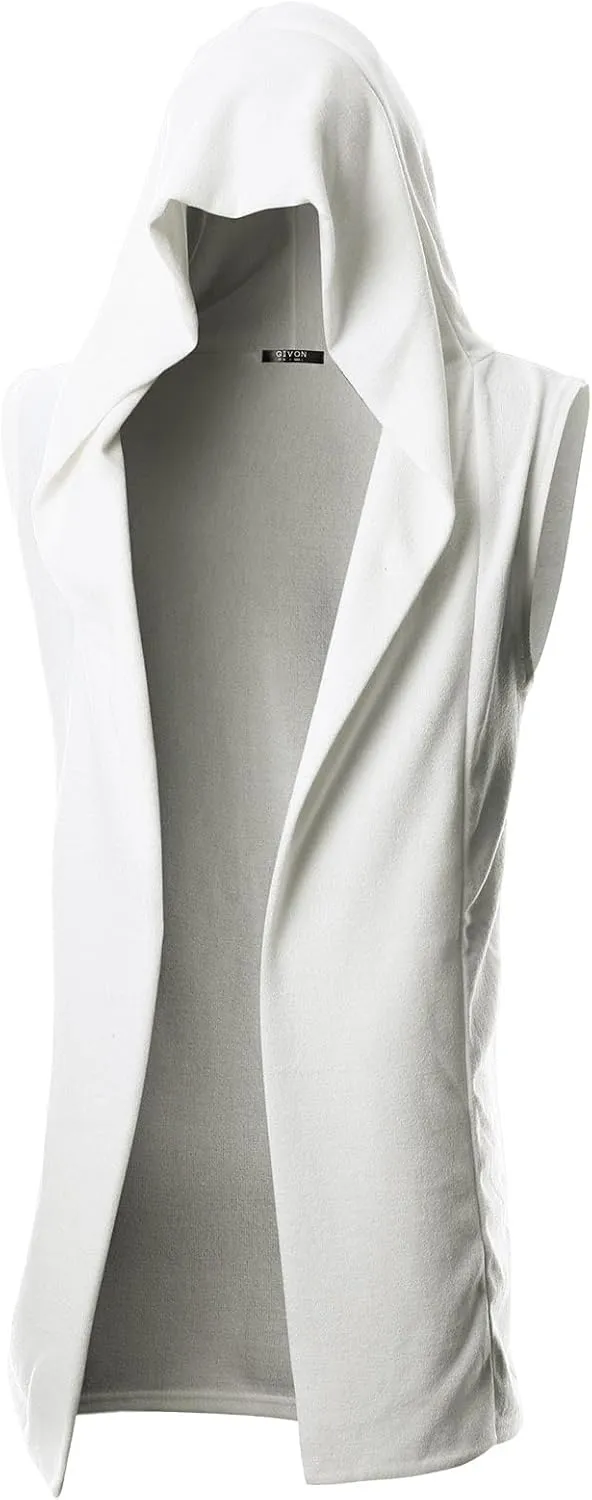 GIVON Mens Sleeveless Ruffle Shawl Collar Cardigan Lightweight Long Hooded Vest Sweater