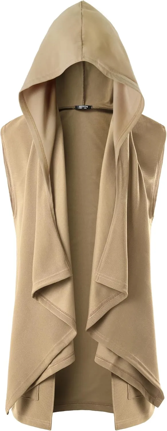 GIVON Mens Sleeveless Ruffle Shawl Collar Cardigan Lightweight Long Hooded Vest Sweater