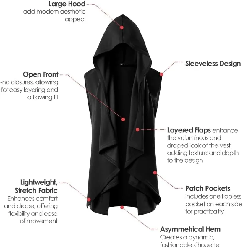 GIVON Mens Sleeveless Ruffle Shawl Collar Cardigan Lightweight Long Hooded Vest Sweater