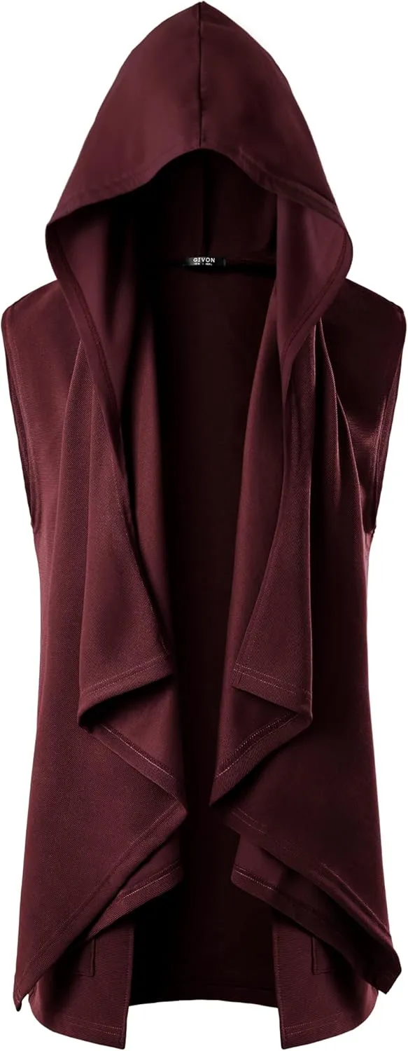 GIVON Mens Sleeveless Ruffle Shawl Collar Cardigan Lightweight Long Hooded Vest Sweater