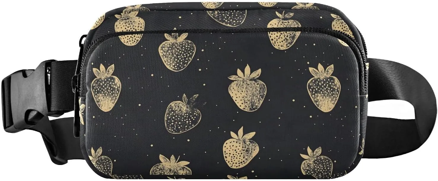 Gold Strawberry Fanny Pack Water Resistant, Women Men Waist Pack Sling Bag Purse for Travel Hiking