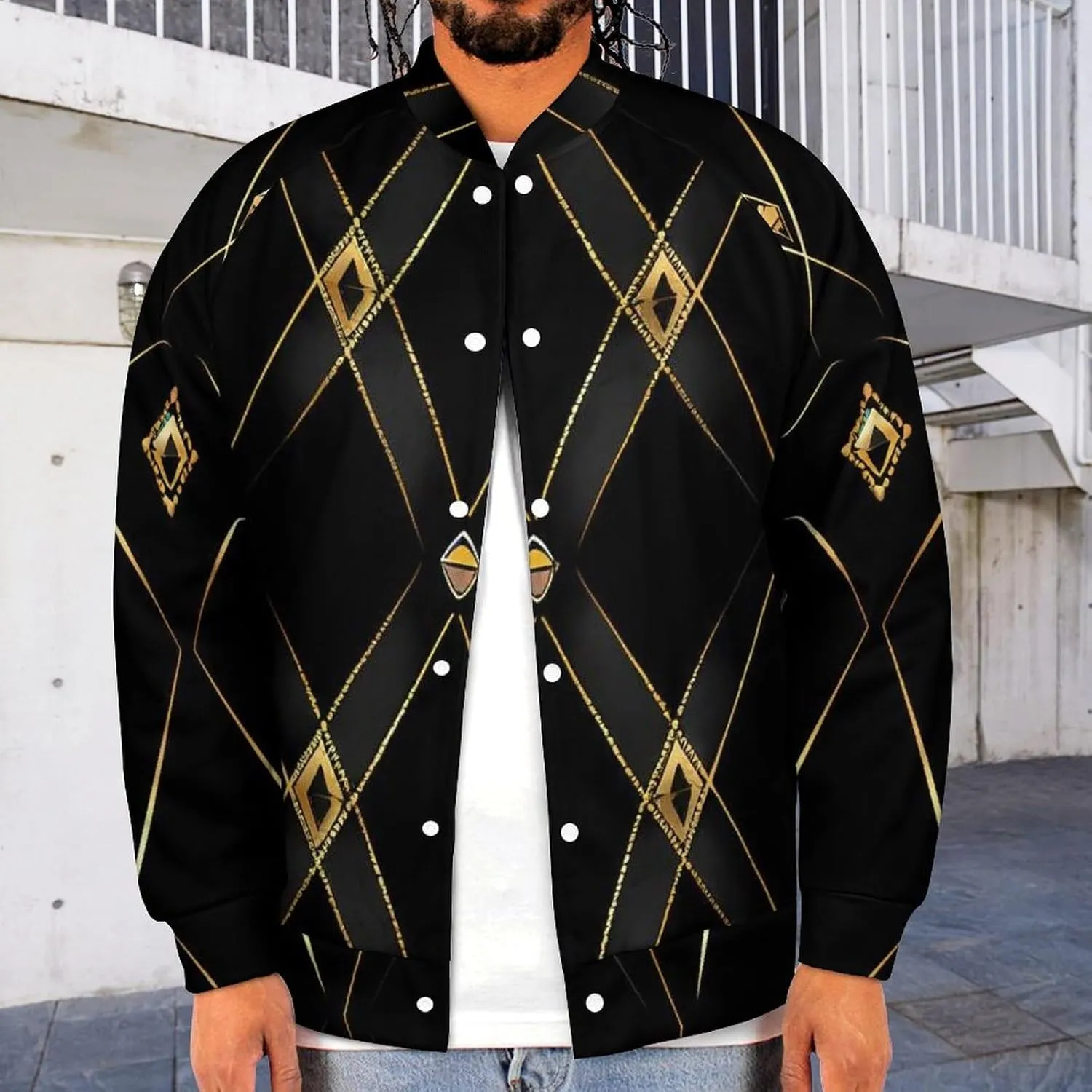 Golden Abstract Black Geometry Lightweight Men's Baseball Jackets Relaxed Fit Varsity Bomber Jacket Windbreaker Coat