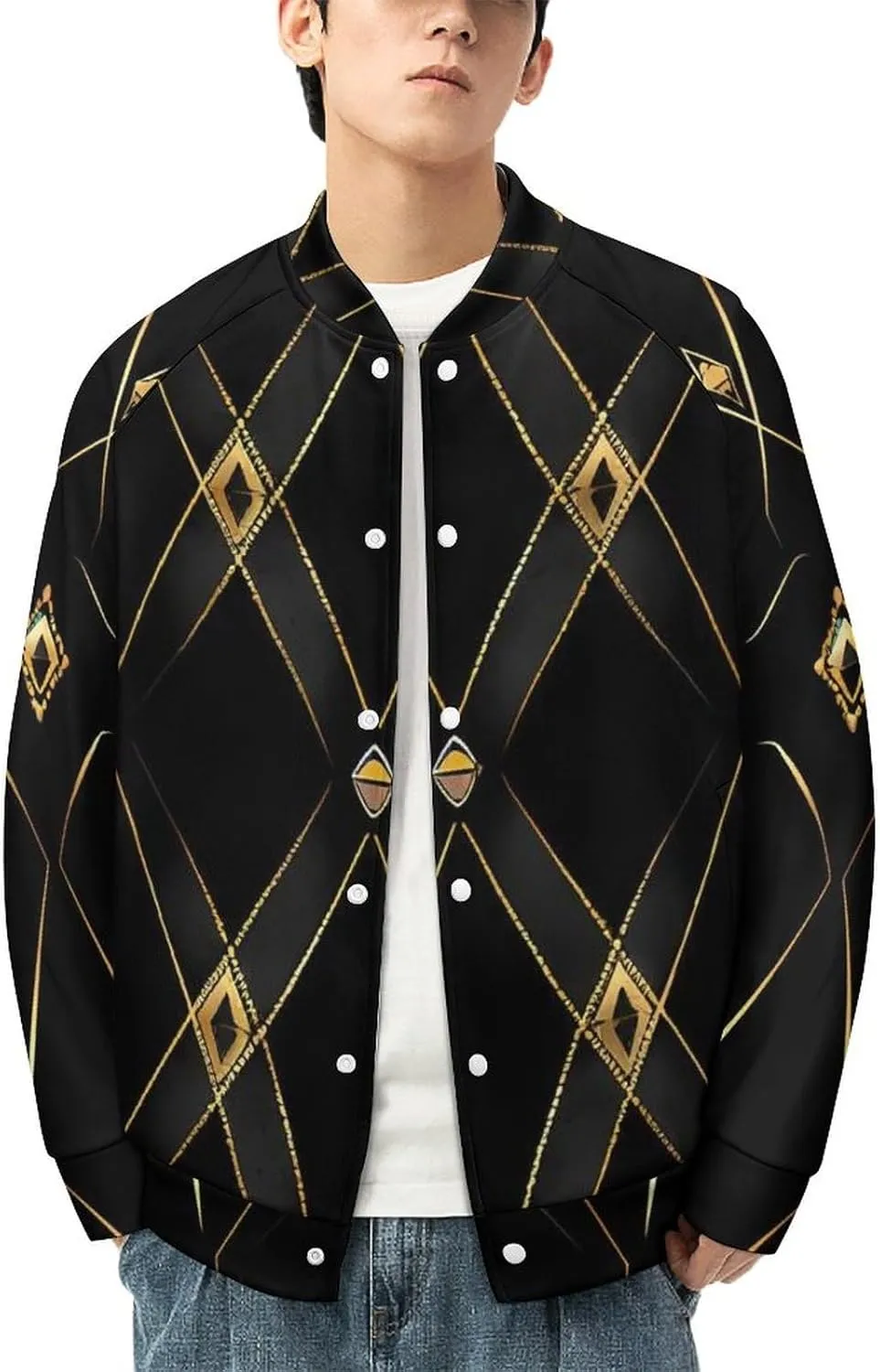 Golden Abstract Black Geometry Lightweight Men's Baseball Jackets Relaxed Fit Varsity Bomber Jacket Windbreaker Coat