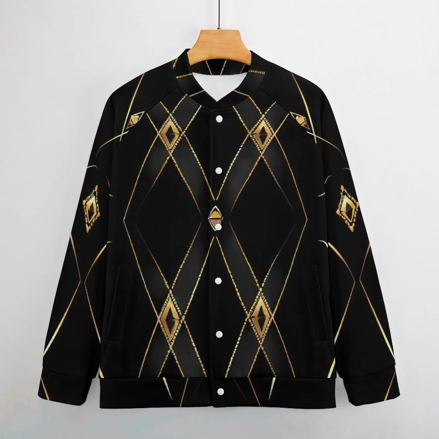 Golden Abstract Black Geometry Lightweight Men's Baseball Jackets Relaxed Fit Varsity Bomber Jacket Windbreaker Coat