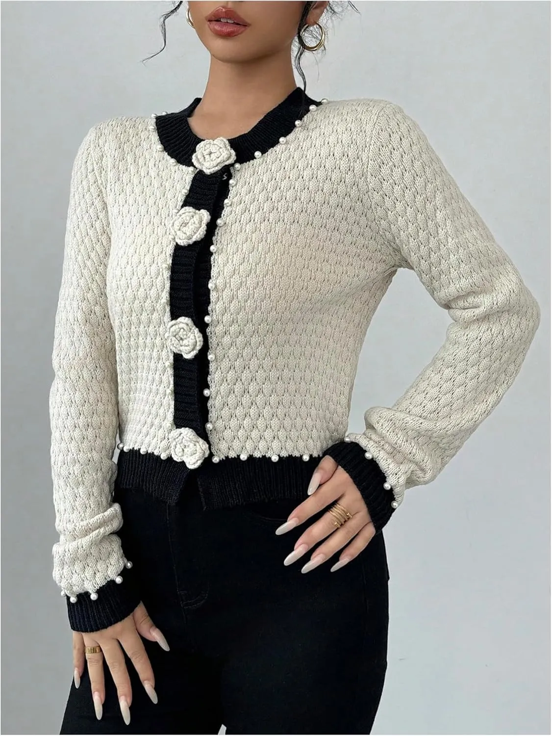 GORGLITTER Women's 3D Floral Button Down Cardigans Pearl Beaded Long Sleeve Crew Neck Knit Sweater Coat