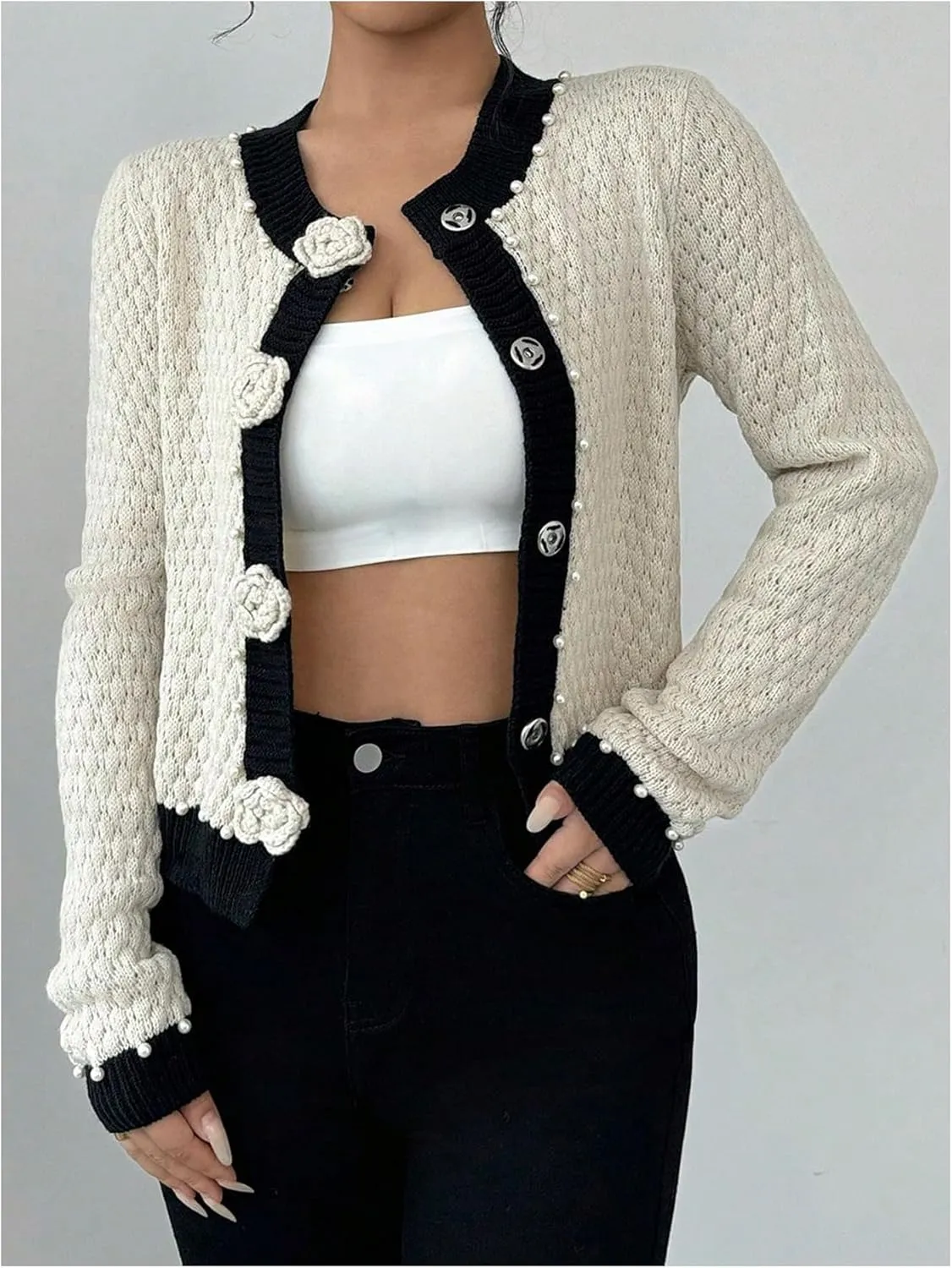 GORGLITTER Women's 3D Floral Button Down Cardigans Pearl Beaded Long Sleeve Crew Neck Knit Sweater Coat