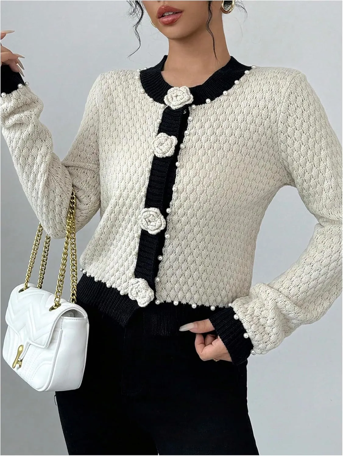 GORGLITTER Women's 3D Floral Button Down Cardigans Pearl Beaded Long Sleeve Crew Neck Knit Sweater Coat