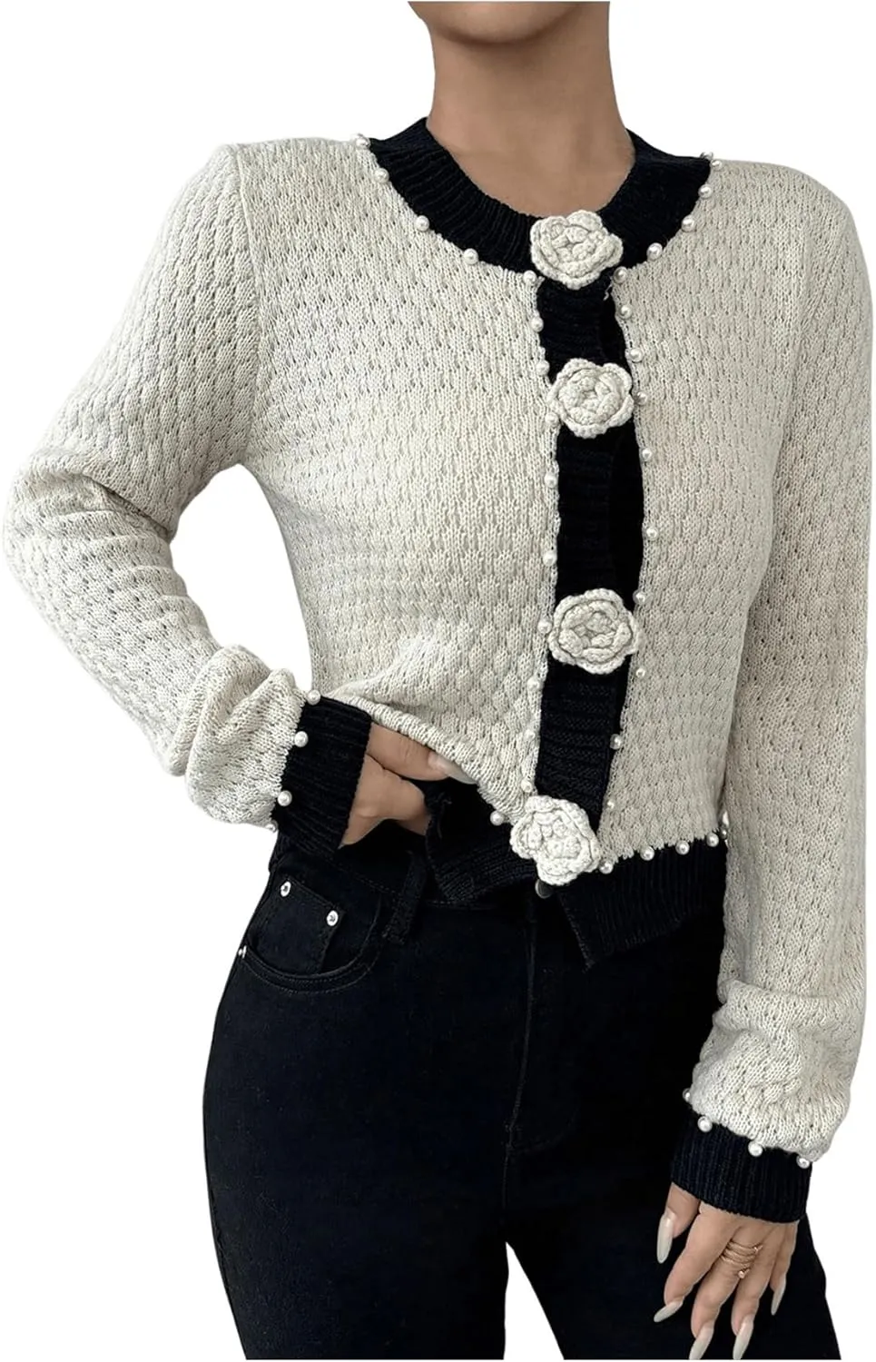 GORGLITTER Women's 3D Floral Button Down Cardigans Pearl Beaded Long Sleeve Crew Neck Knit Sweater Coat