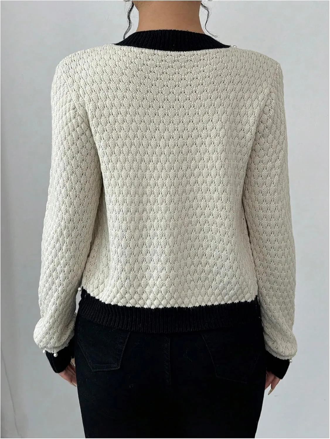 GORGLITTER Women's 3D Floral Button Down Cardigans Pearl Beaded Long Sleeve Crew Neck Knit Sweater Coat