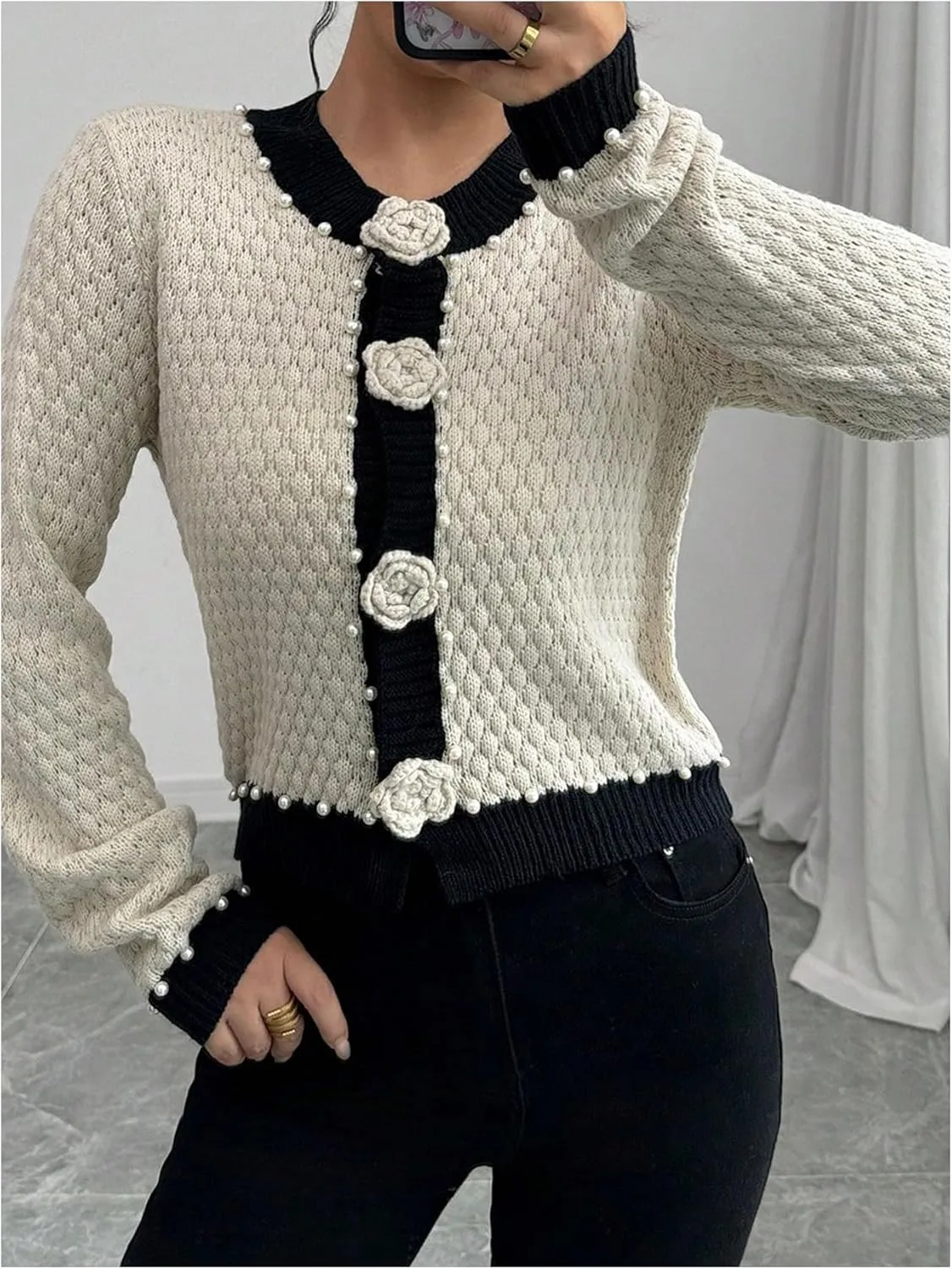 GORGLITTER Women's 3D Floral Button Down Cardigans Pearl Beaded Long Sleeve Crew Neck Knit Sweater Coat