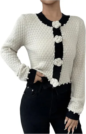 GORGLITTER Women's 3D Floral Button Down Cardigans Pearl Beaded Long Sleeve Crew Neck Knit Sweater Coat