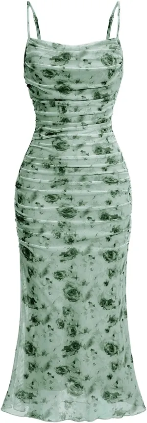 GORGLITTER Women's Floral Ruched Bodycon Midi Dress Mesh Sleeveless Fishtail Cami Dresses