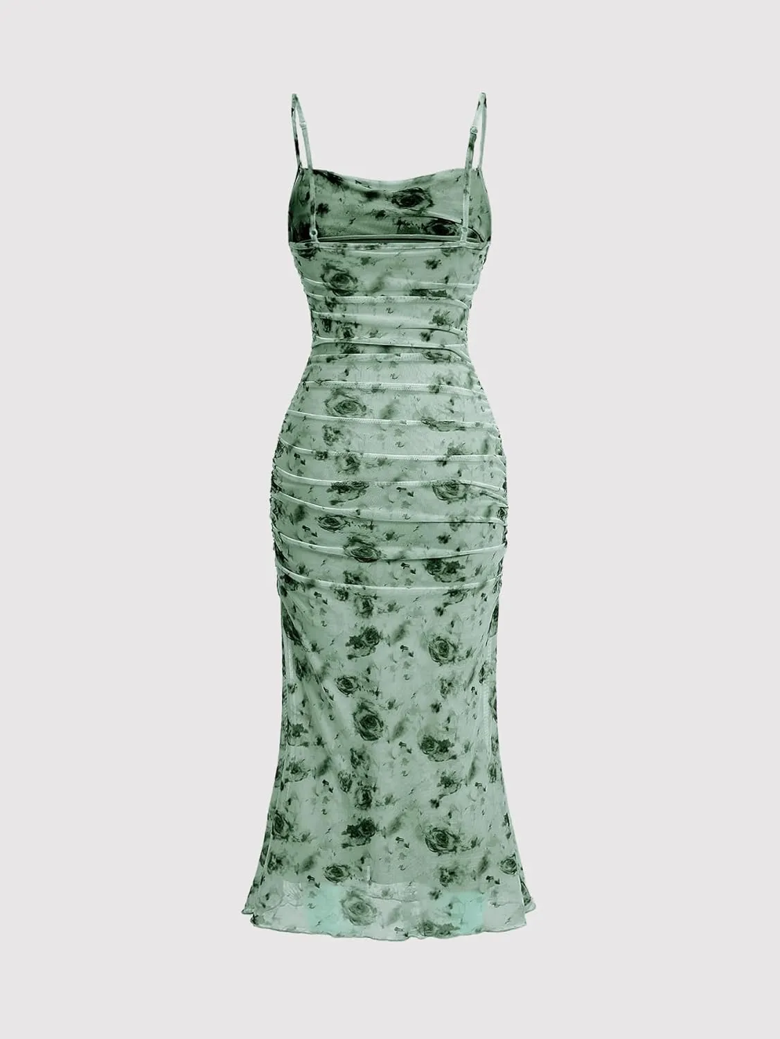 GORGLITTER Women's Floral Ruched Bodycon Midi Dress Mesh Sleeveless Fishtail Cami Dresses