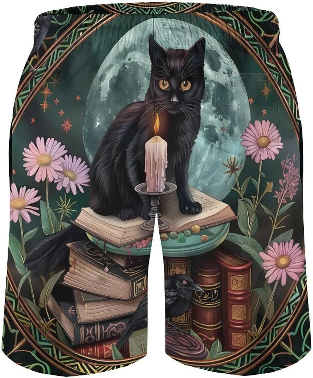 Gothic Cat Crow Daisy Floral Men's Swim Trunks Quick Dry Board Shorts Breathable Summer Beach Shorts Bathing Suits