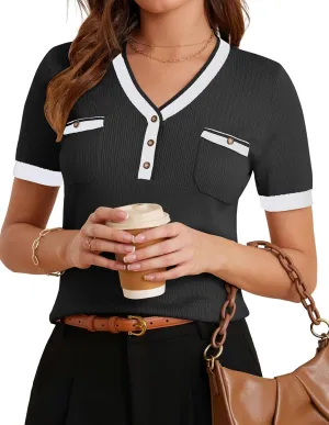 GRACE KARIN Women's Short Sleeve Sweaters 2025 Summer Tops Button V Neck Top Business Casual Outfits Work Blouses Clothes