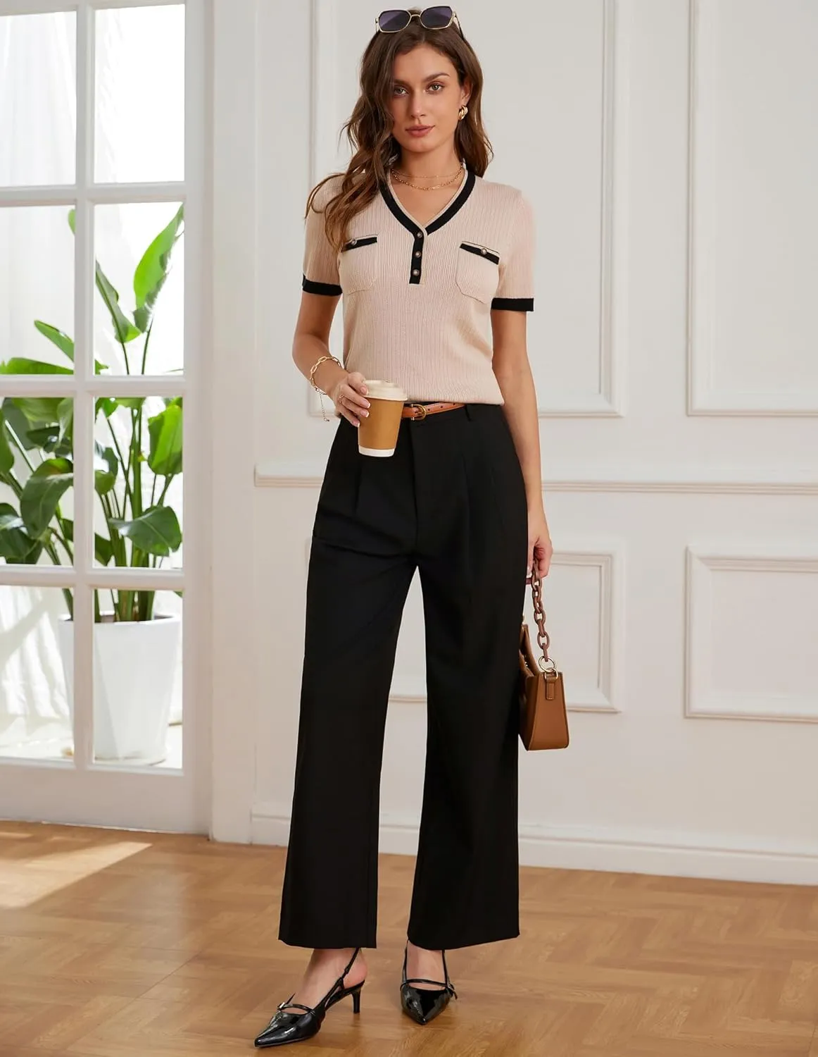 GRACE KARIN Women's Short Sleeve Sweaters 2025 Summer Tops Button V Neck Top Business Casual Outfits Work Blouses Clothes