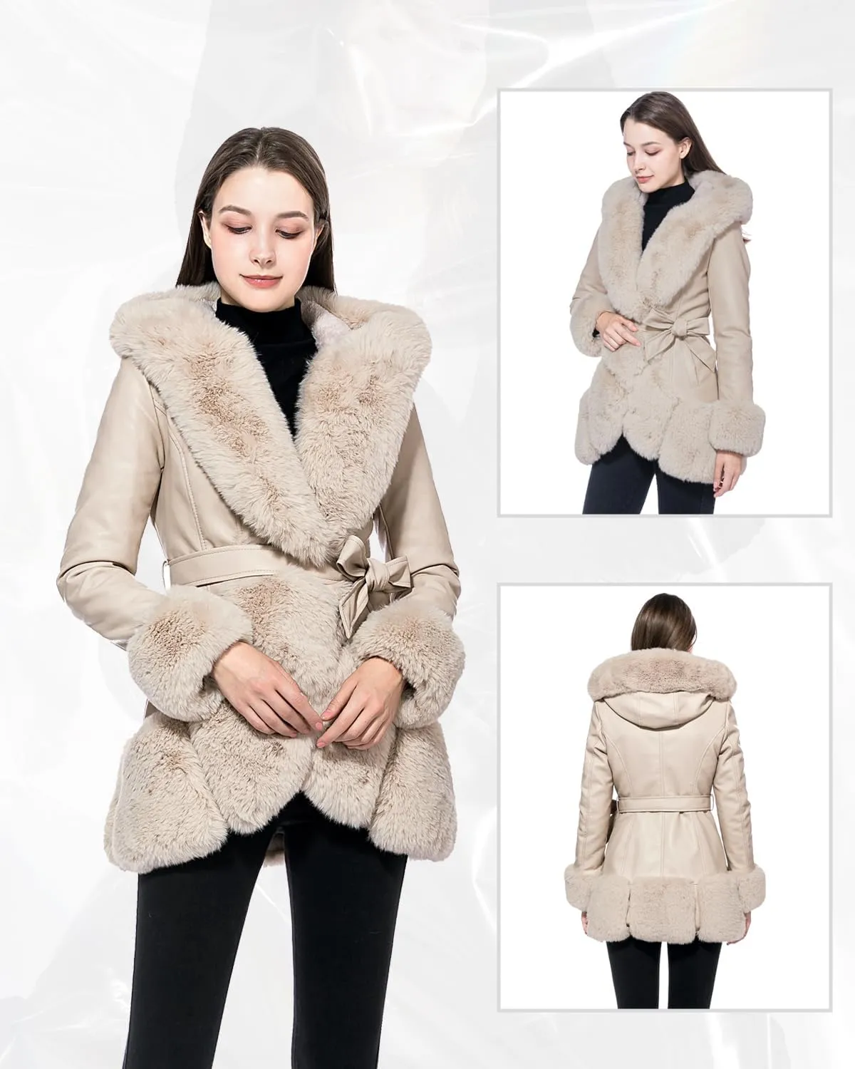GRAN ORIENTE Women's Faux Leather Coat with Faux Fur Collar,Winter Warm Belted Mid Length Trim Jacket Fur Lined with Hood