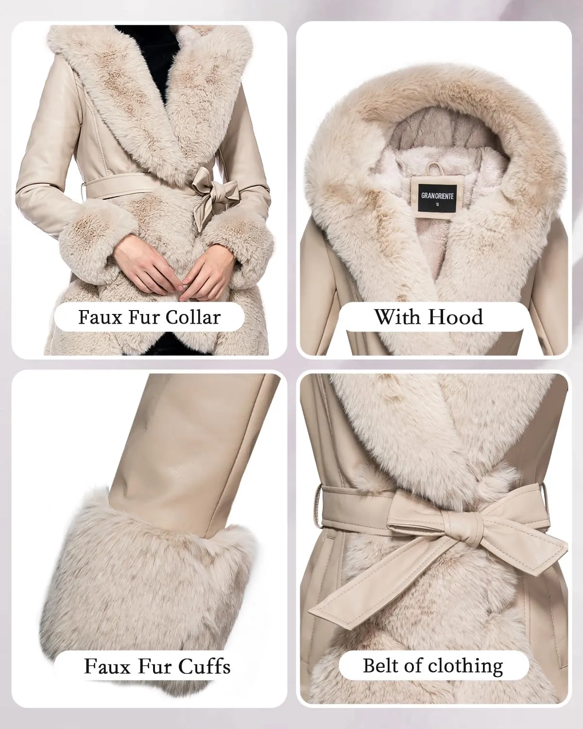 GRAN ORIENTE Women's Faux Leather Coat with Faux Fur Collar,Winter Warm Belted Mid Length Trim Jacket Fur Lined with Hood