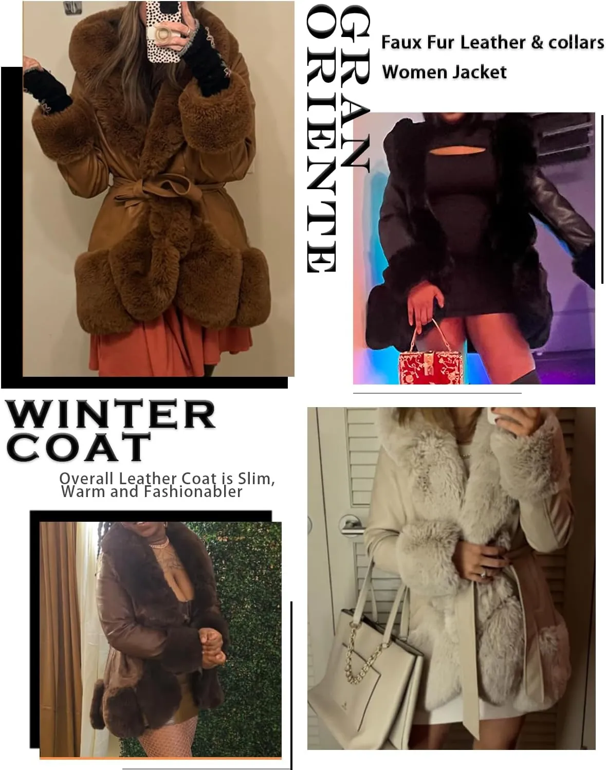 GRAN ORIENTE Women's Faux Leather Coat with Faux Fur Collar,Winter Warm Belted Mid Length Trim Jacket Fur Lined with Hood