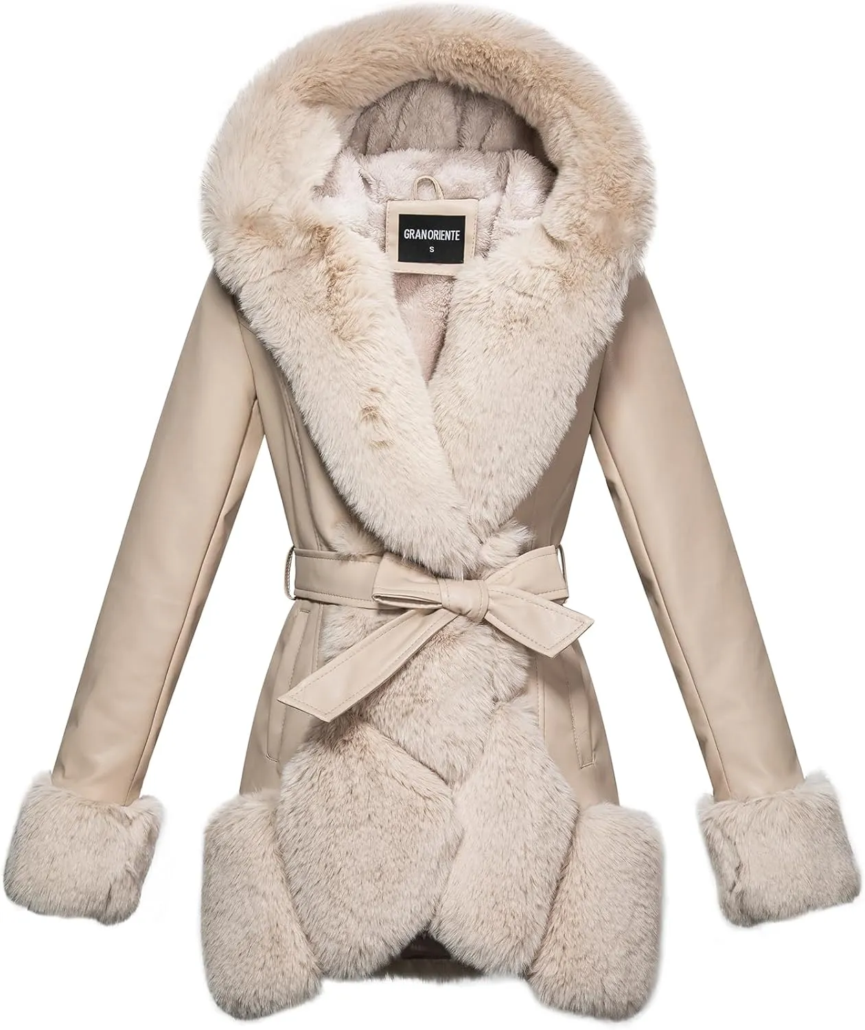 GRAN ORIENTE Women's Faux Leather Coat with Faux Fur Collar,Winter Warm Belted Mid Length Trim Jacket Fur Lined with Hood