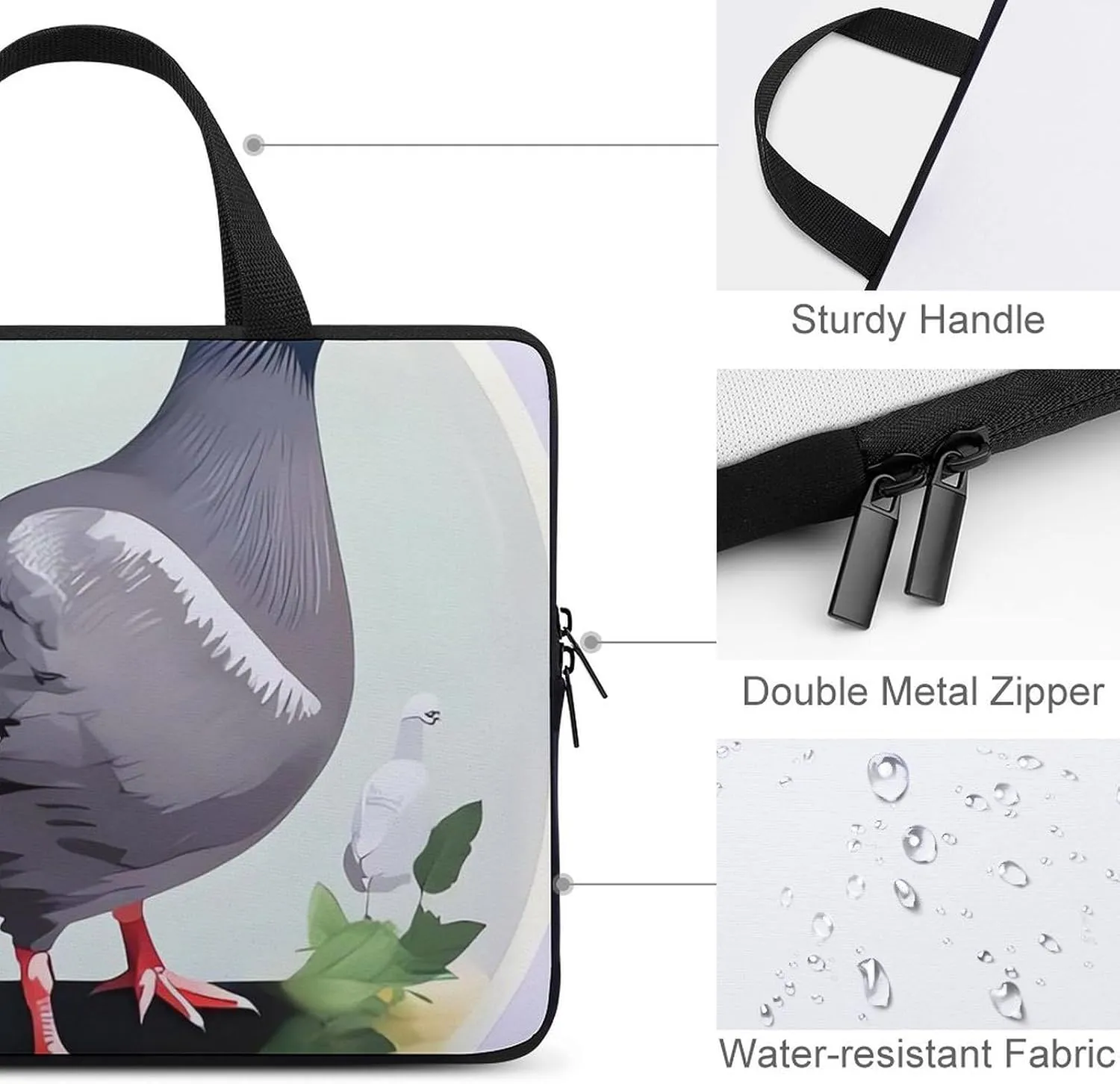 Grey Pigeon Print Laptop Bag Durable Laptop Sleeve Water-Resistant Notebook Bag for Computer Or Tablet