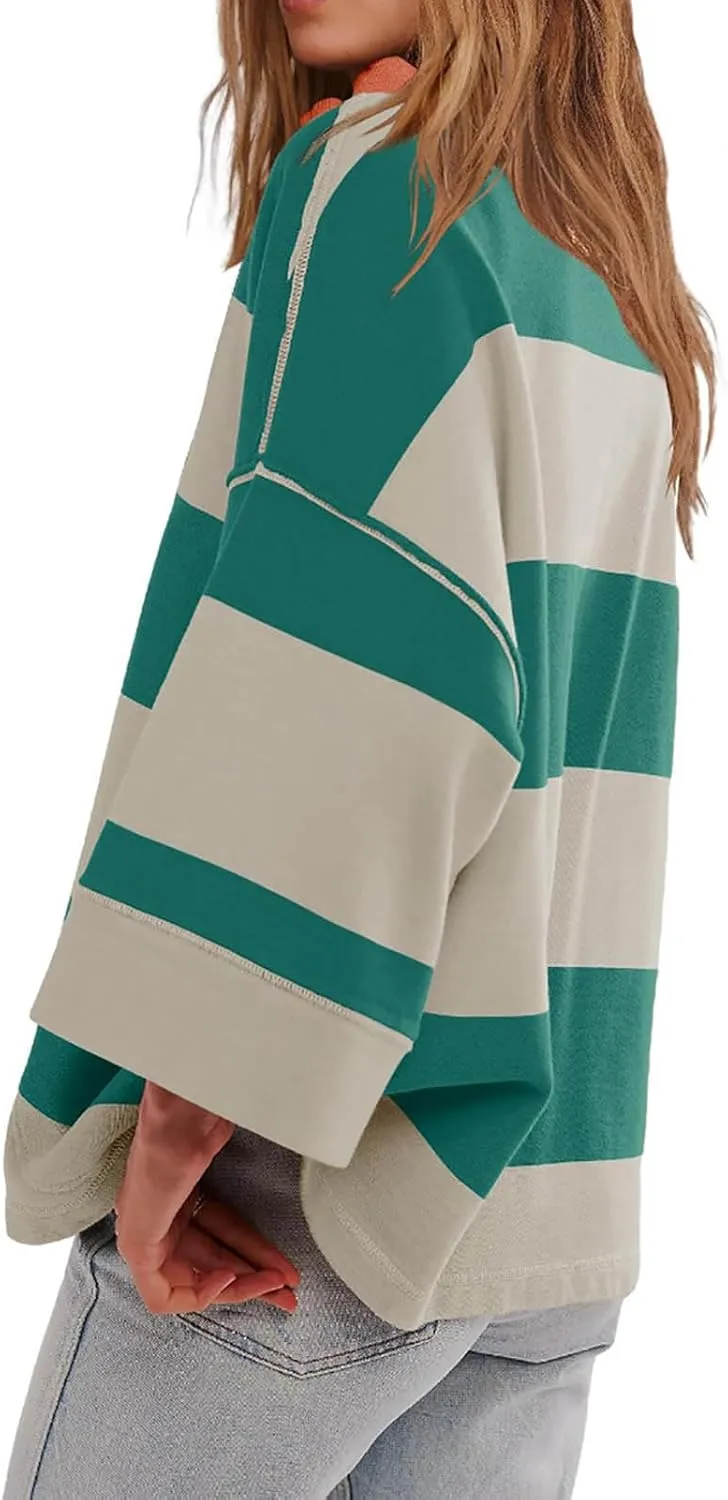 Half Zip Up Sweatshirt Women Trendy Oversized Color Block Drop Shoulder Pullover Tops Loose Long Sleeve Fall Shirts
