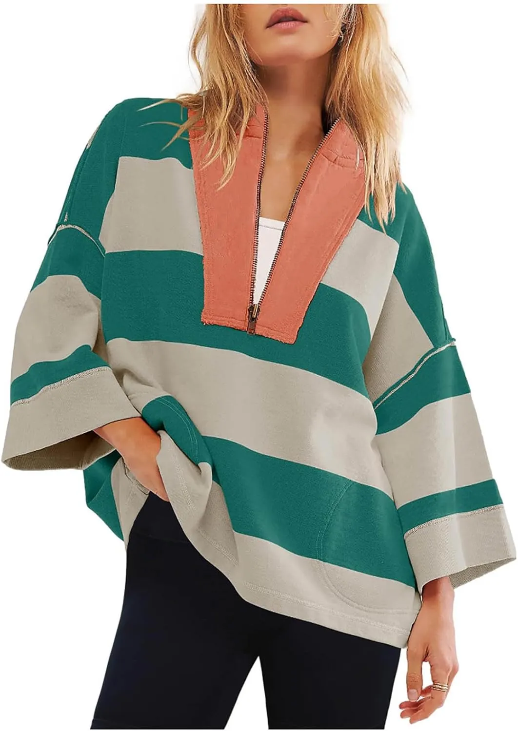 Half Zip Up Sweatshirt Women Trendy Oversized Color Block Drop Shoulder Pullover Tops Loose Long Sleeve Fall Shirts