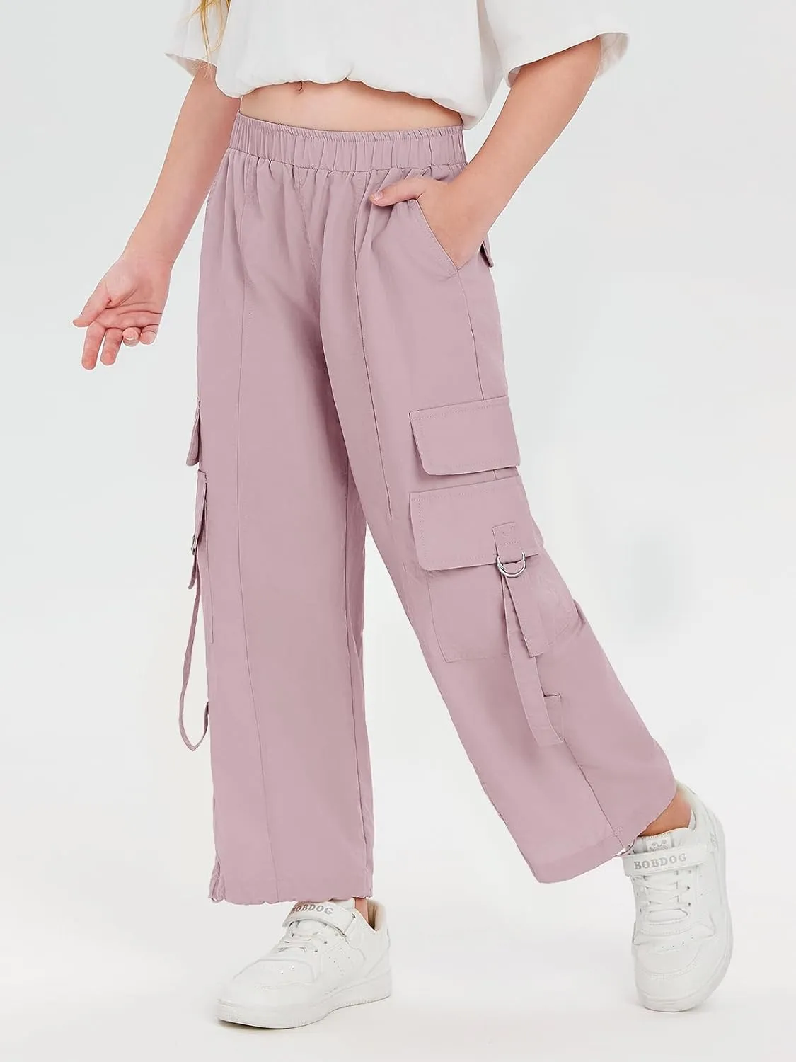 Haloumoning Girls Parachute Pants Kids Wide Leg Cargo Pants Y2K Street Trousers with Pockets 5-14 Years