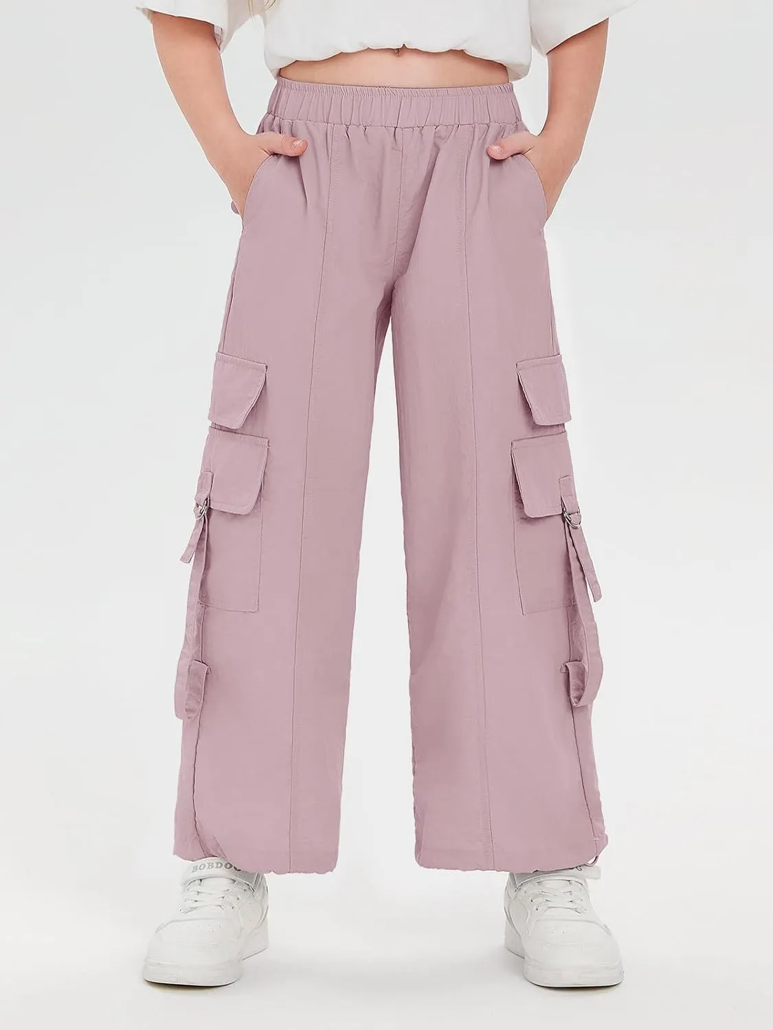 Haloumoning Girls Parachute Pants Kids Wide Leg Cargo Pants Y2K Street Trousers with Pockets 5-14 Years