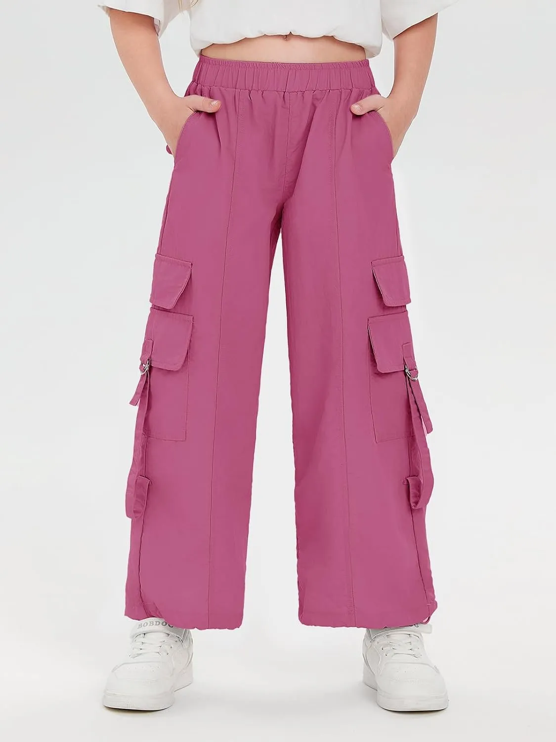 Haloumoning Girls Parachute Pants Kids Wide Leg Cargo Pants Y2K Street Trousers with Pockets 5-14 Years