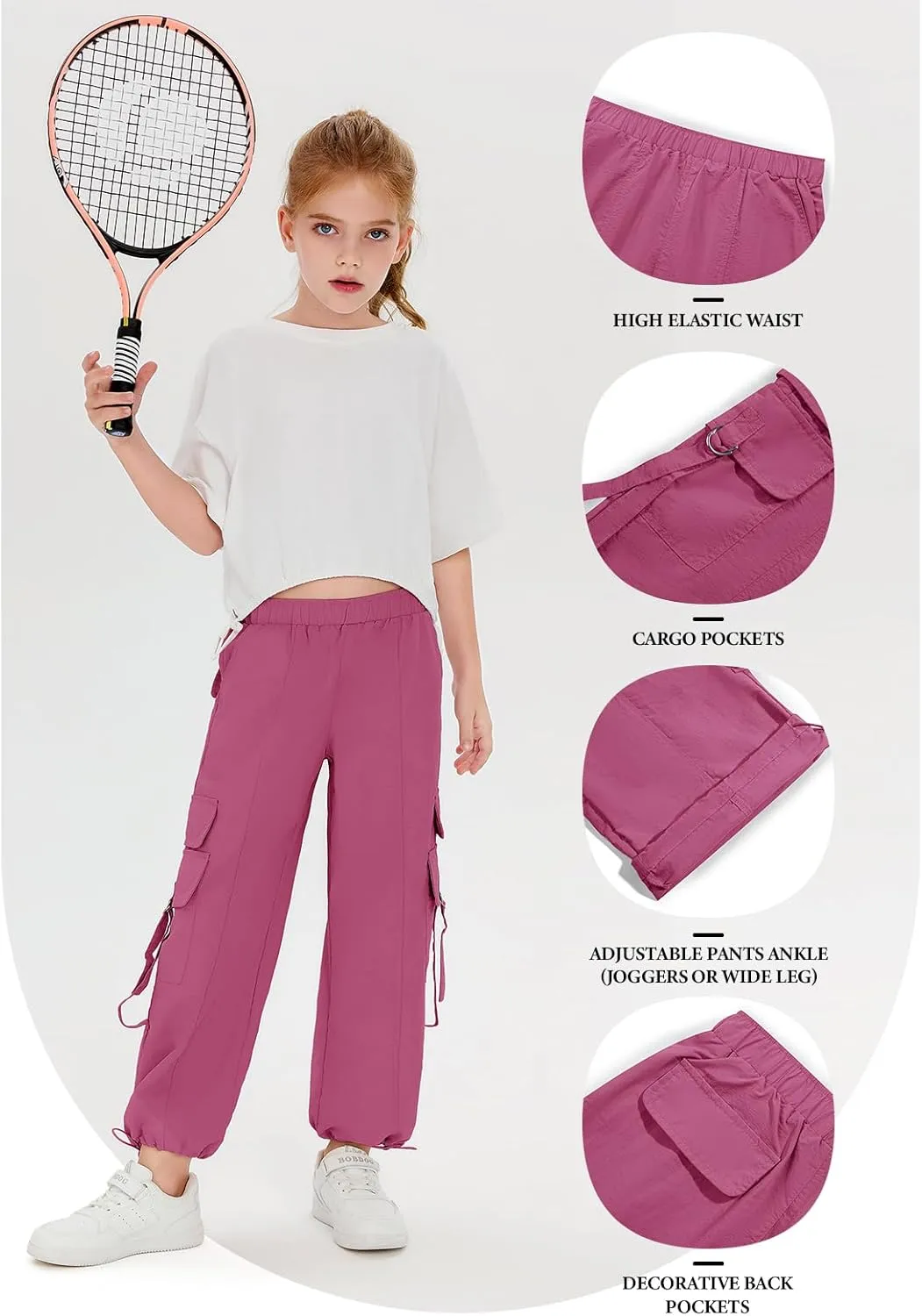 Haloumoning Girls Parachute Pants Kids Wide Leg Cargo Pants Y2K Street Trousers with Pockets 5-14 Years