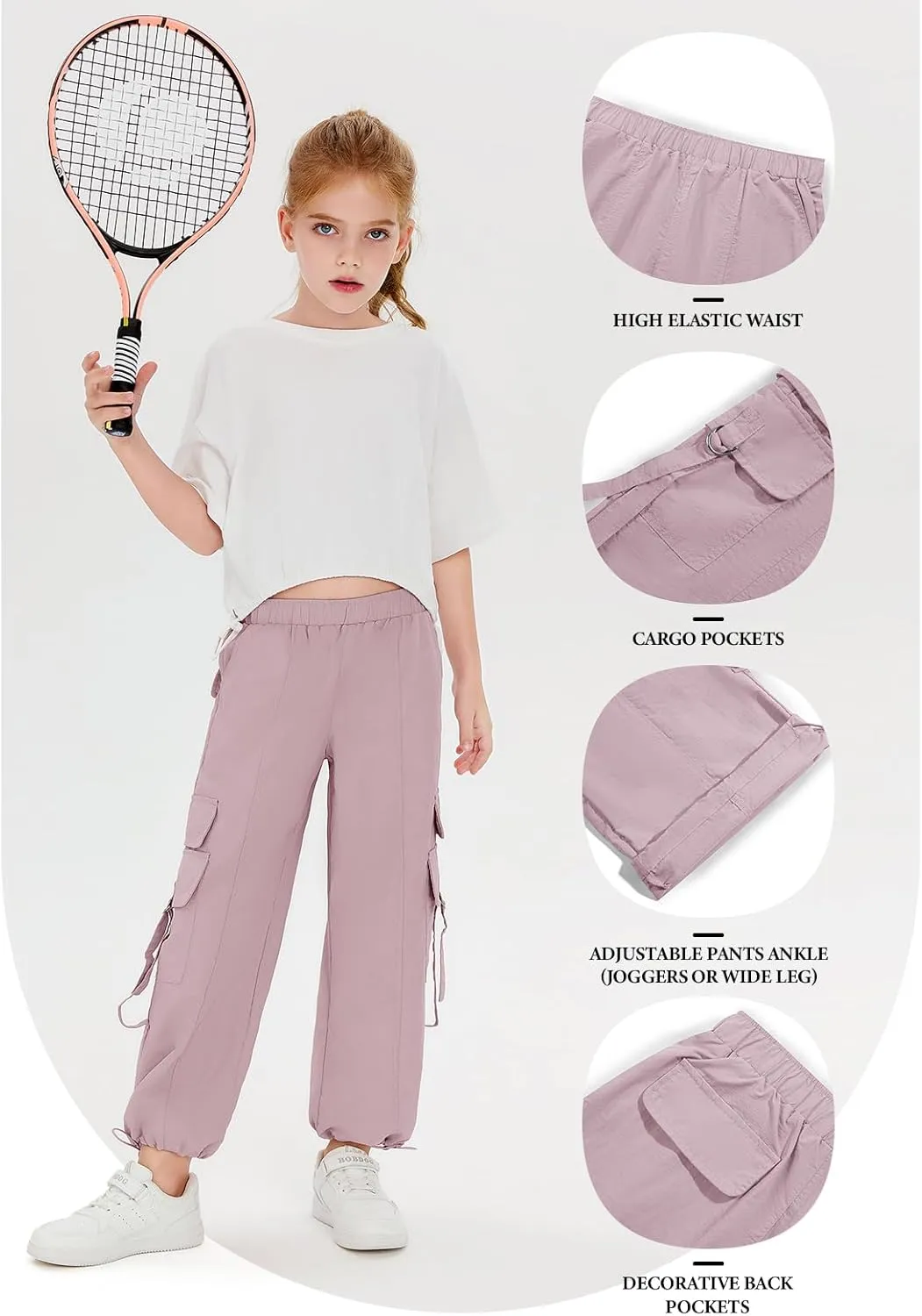 Haloumoning Girls Parachute Pants Kids Wide Leg Cargo Pants Y2K Street Trousers with Pockets 5-14 Years